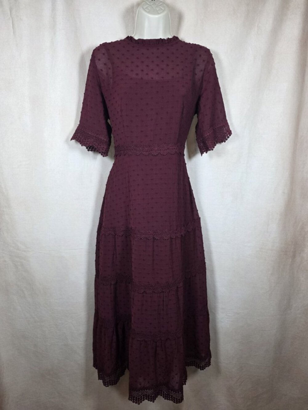 NWOT Lulus  Wine Red Swiss Dot Midi Dress Size M